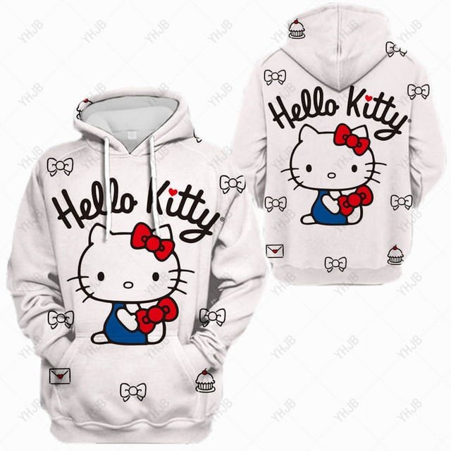 Sweat à Manches Longues d'Automne pour Femmes Mode Pull Noir Hello Kitty Série Imprimée Col Rond Décontracté Doux Chandail à Capuchon