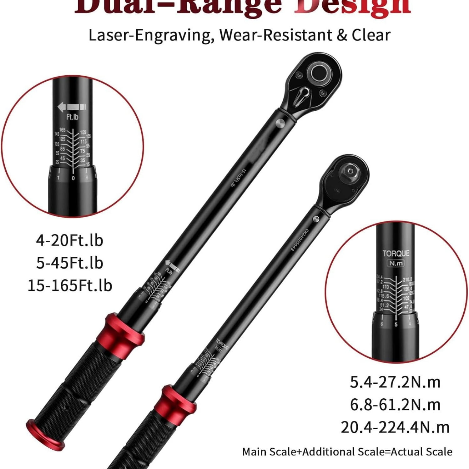1/4 & 3/8 & 1/2-inch Drive Click Torque Wrench, 3Pcs Torque Wrench Set 4-20Ft.lb, 5-45Ft.lb, 15-165Ft.lb 72-Tooth Dual Scale for Bike, Moto, Car Repair