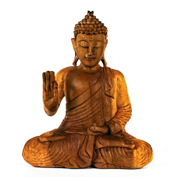 12" Wooden Sitting Buddha Statue Handmade Meditating Sculpture Figurine Home Decor Handcrafted Gift Art Wood Hand Carved Oriental Buddha Abhaya Mudra