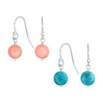 Bling Jewelry Womens Set of 2 Aqua Turquoise & Pink Coral 8MM Bead Drop Ball Earring Sterling Silver
