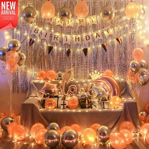 OUO Hoorays Pink and Silver Birthday Party Decoration Kit with String Lights, 30 Balloons