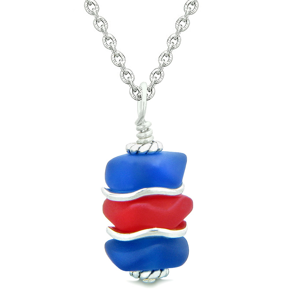 Sea Glass Icy Frosted Waves Ocean Blue Royal Red Positive Powers Amulet Pendant 18 Inch Necklace