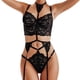 thumbnail image 3 of Conjunto de lencería con liga de encaje floral, escote en V profundo, conjunto de sujetador y braguita de 3 piezas, liga para mujer, color negro, talla M, 3 of 12