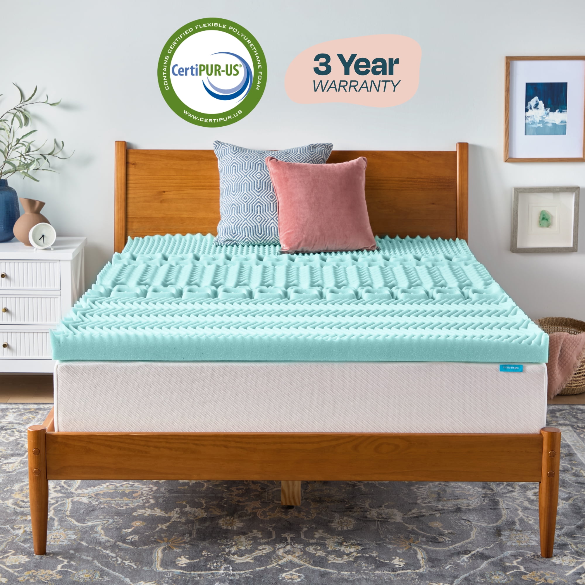 Linenspa 3" 7-Zone Cooling Gel and Green Tea Infused Memory Foam Mattress Topper, Twin