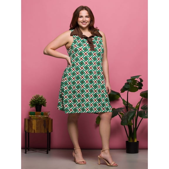 Plus Size Geometric Collared Sleeveless Mini Dress