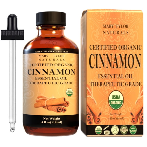 Organic Cinnamon Essential Oil, Large 4 oz by Mary Tylor Naturals, 100% Pure Essential Oil, Therapeutic Grade, Perfect for Aromatherapy, Relaxation, DIY, Improved Mood