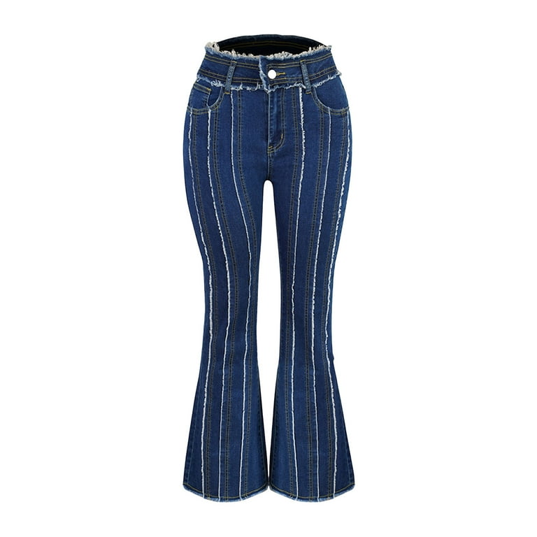 YYDGH Women Raw Trim Bell Bottoms Jeans High Waisted Stretch Slim  Distressed Flared Denim Bootcut Pants Dark Blue XL