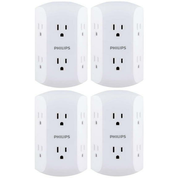 4-Pk Philips 6-Outlet Extender, Grounded Wall Tap, 3-Prong - White SPS1744WA/37