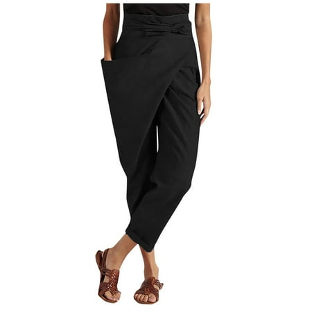

Dadaria Wide Leg Pants for Women Plus Size Petite Loose High Waisted Lace Up Solid One Side with Pocket Comfort Pants Black XXL Female