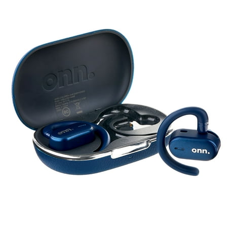 onn. wireless open-ear earphones with environmental noise cancellation microphones & charging case, blue