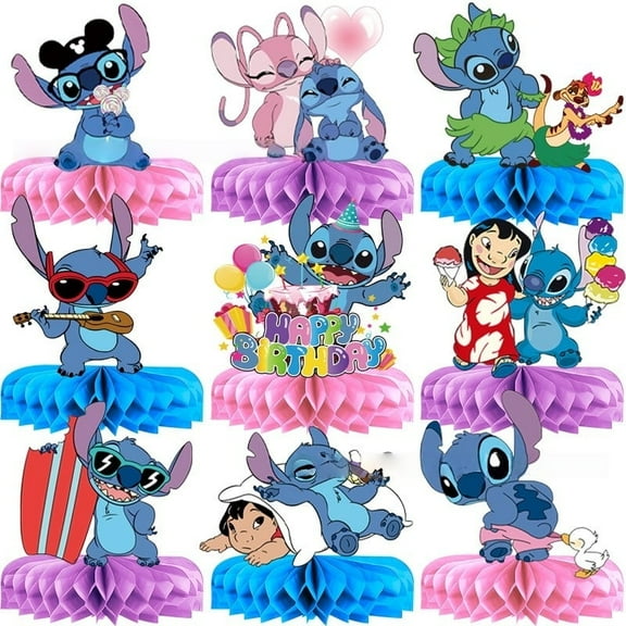 Stitch on the Beach 9 Pieces Honeycomb Centerpieces 3D Tabletop Decorations for Kids Birthday Theme Party Decorations Double Sided Party Favor Supplies Photo Props