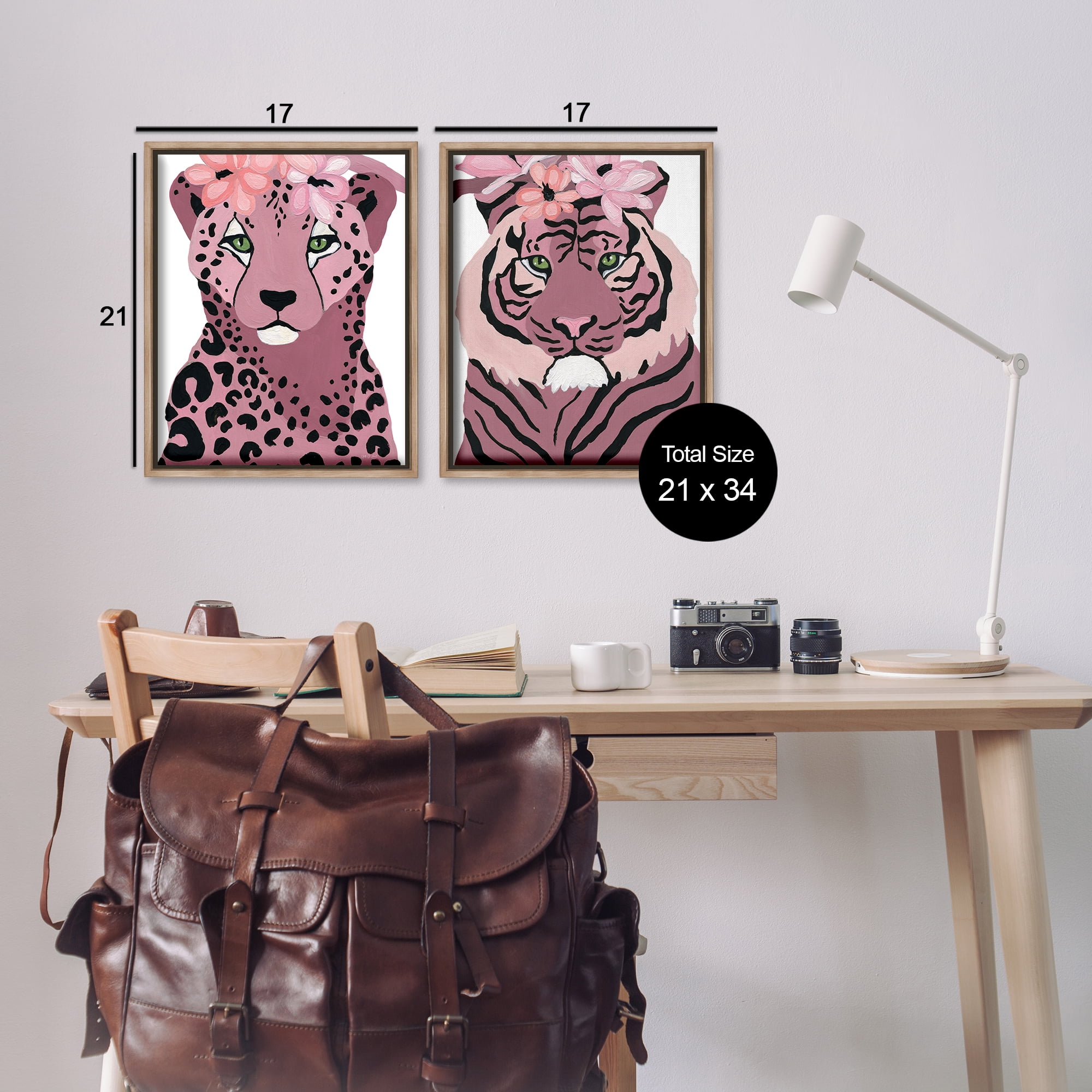 Stupell Industries Floral Cheetah Tiger Animals Painting Brown Floater Framed Canvas Art Print Wall Art, 17 x 21, Set of 2