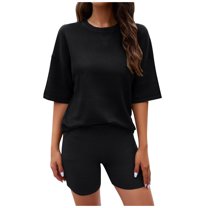 Summer Plus Size Two Piece Outfits for Women Fashion New Round Neck Casual Solid Color Short Sleeved Sweater Short Sleeved Set