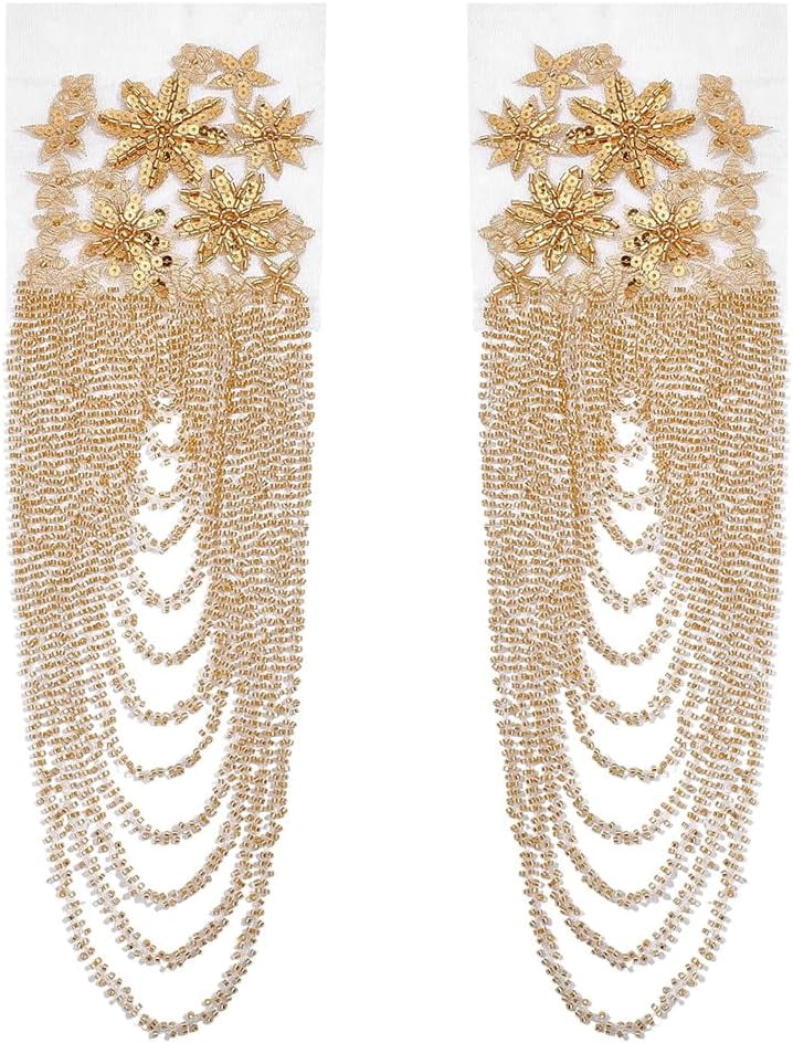 ABPETE 1 Pair Handmade 3D Flower Rhinestone Applique 14.96~16.54inch Long Goldenrod Sewing Crystal Fringe Beads Sequins Patches Embroidery Beaded Epaulettes for Evening Gown Wedding Dress Decor