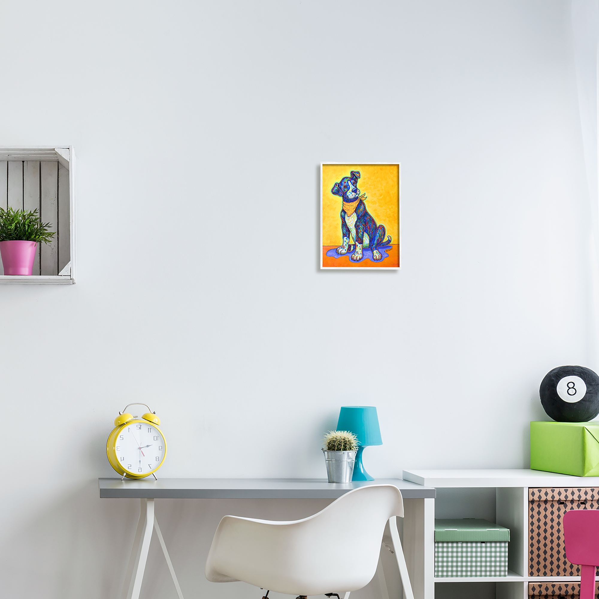 Stupell Industries Blue & Yellow Abstract Dog Animals & Insects Painting White Framed Art Print Wall Art, 11 x 14