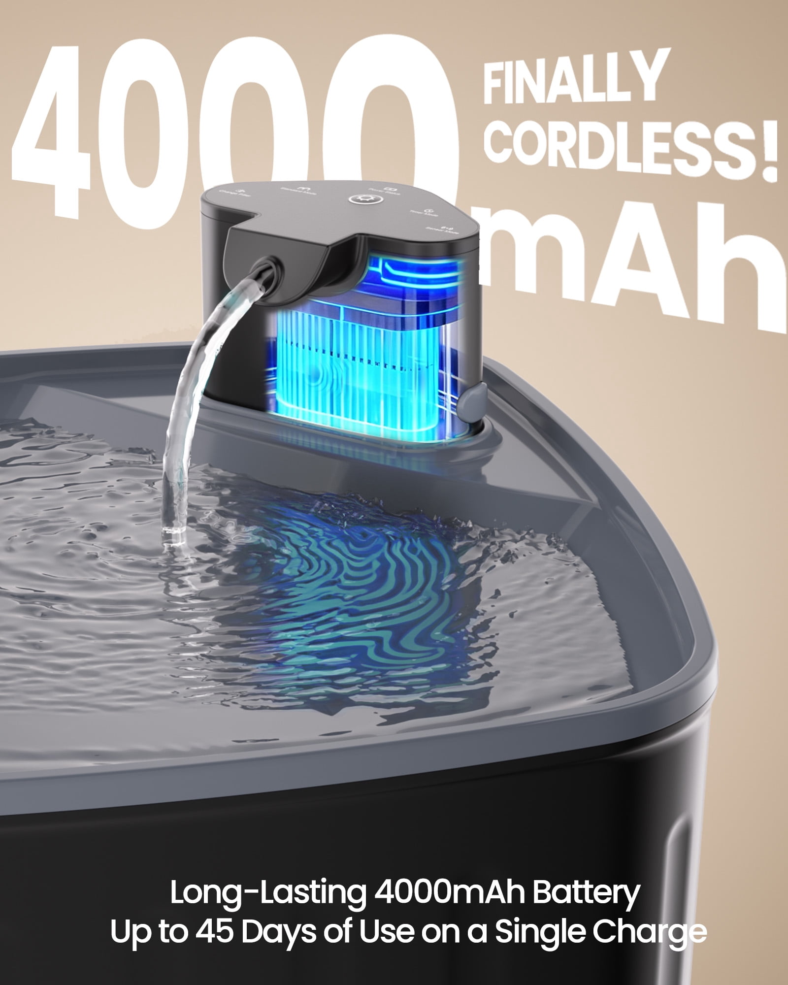 FURCLAN Pet Water Fountain Wireless Dog Water Fountain Dispenser with 4 Flow Modes and Replacement Filter 2.2Gal 8L Extra Large Capacity Cat Water Fountain for Cats and Dogs Black