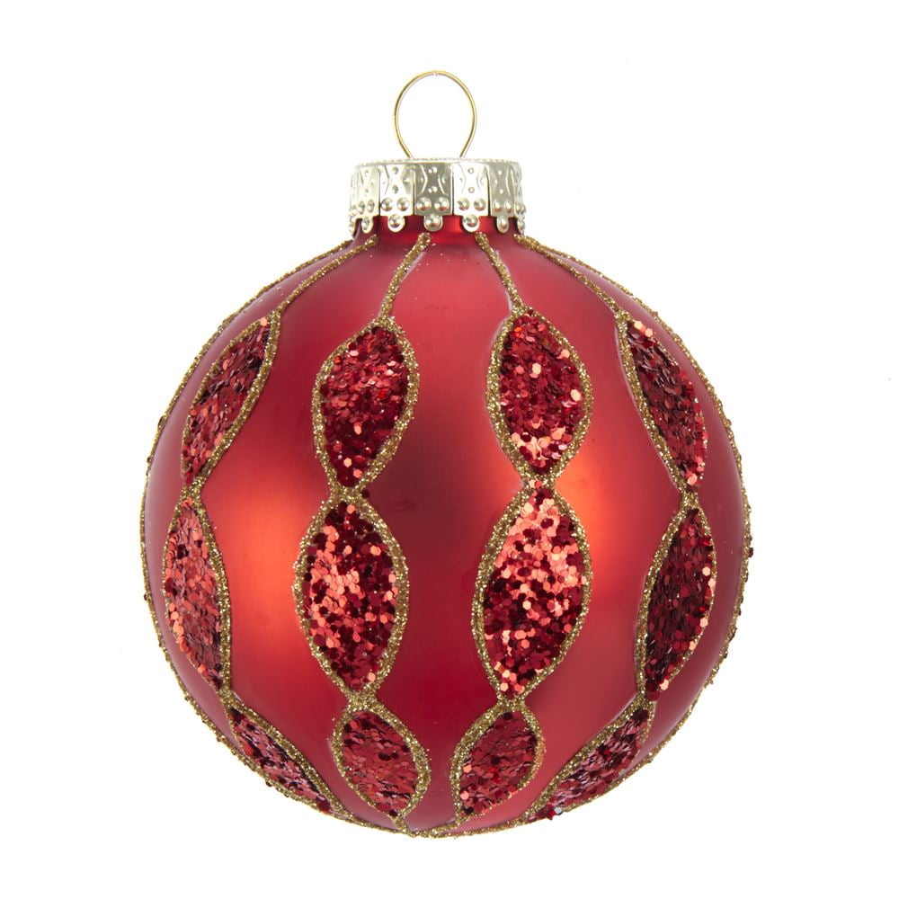Kurt Adler 80MM Red with Glitter Pattern Glass Ball Ornaments, 6 Piece