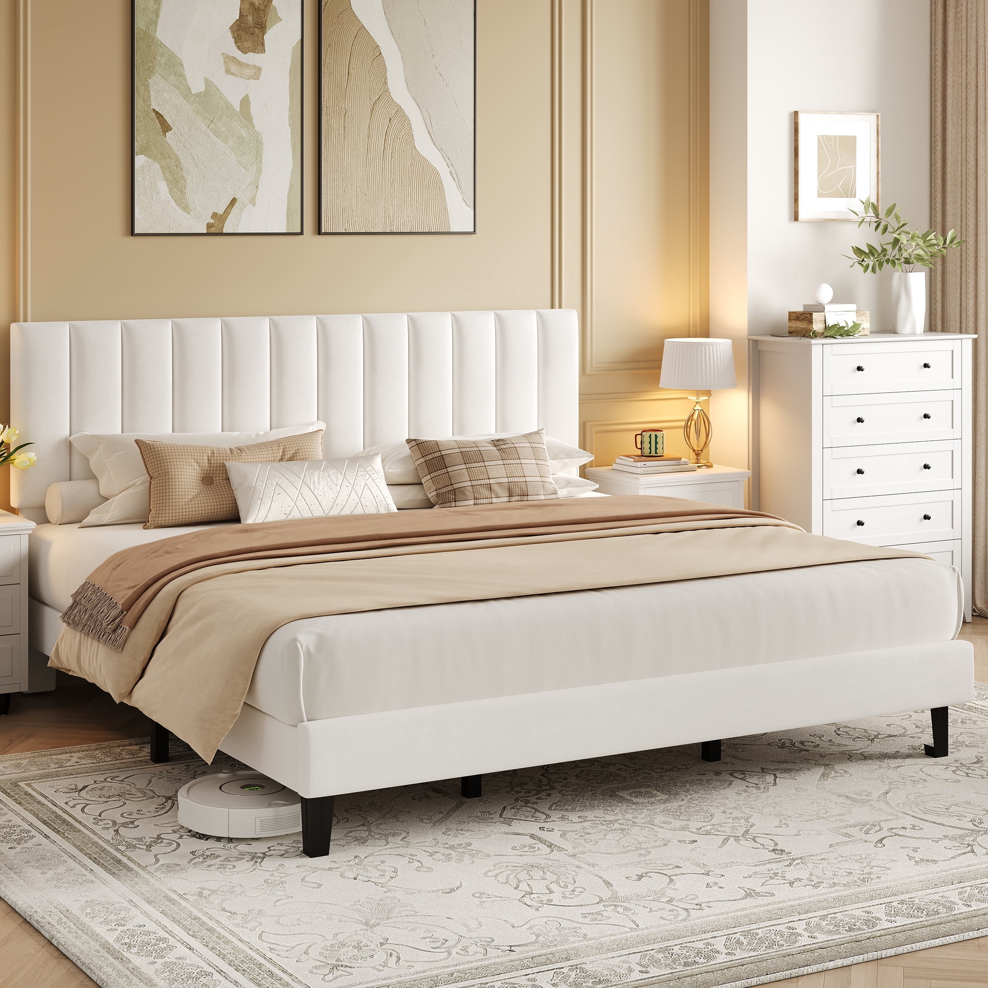 King  Bed Frame with Adjustable Headboard, Velvet Upholstered Platform Bed Frame King Size, Strong Wooden Slats, No Box Spring Needed, Easy Assembly, White