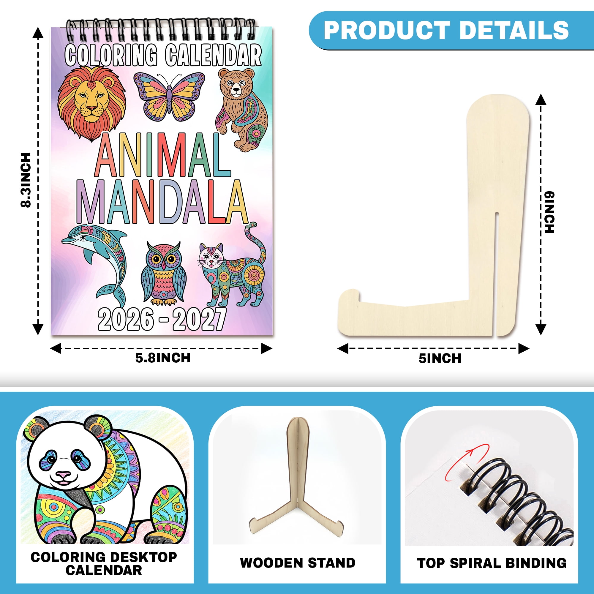 Animal Mandala Coloring Desk Calendar 2026–2027, A5 Wooden Cover Planner with 26 Easy Coloring Pages for Adult Relaxation, 24 Month Desktop Calendar with Stand, Gift for Family & Friends