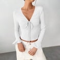 thumbnail image 2 of Plebaso Women's Spring Summer Tops Crop Bell Long Sleeve Ribbed Shirts V Neck Drawstring Casual Knit Tee, 2 of 6