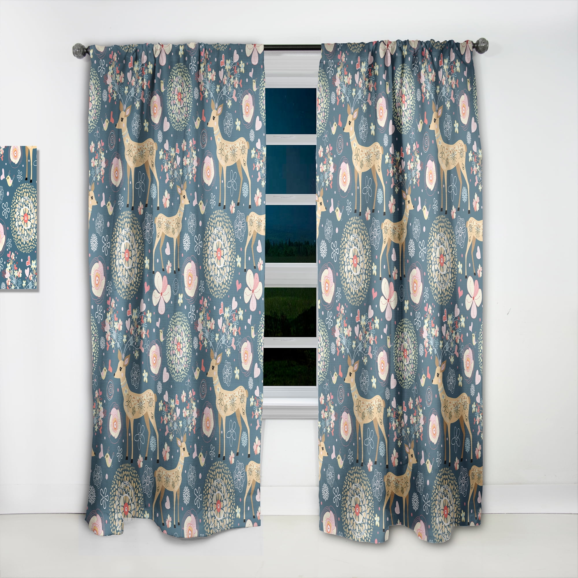 Designart 'Flowers and Hearts Antlers With Deer' Floral Curtain Panel