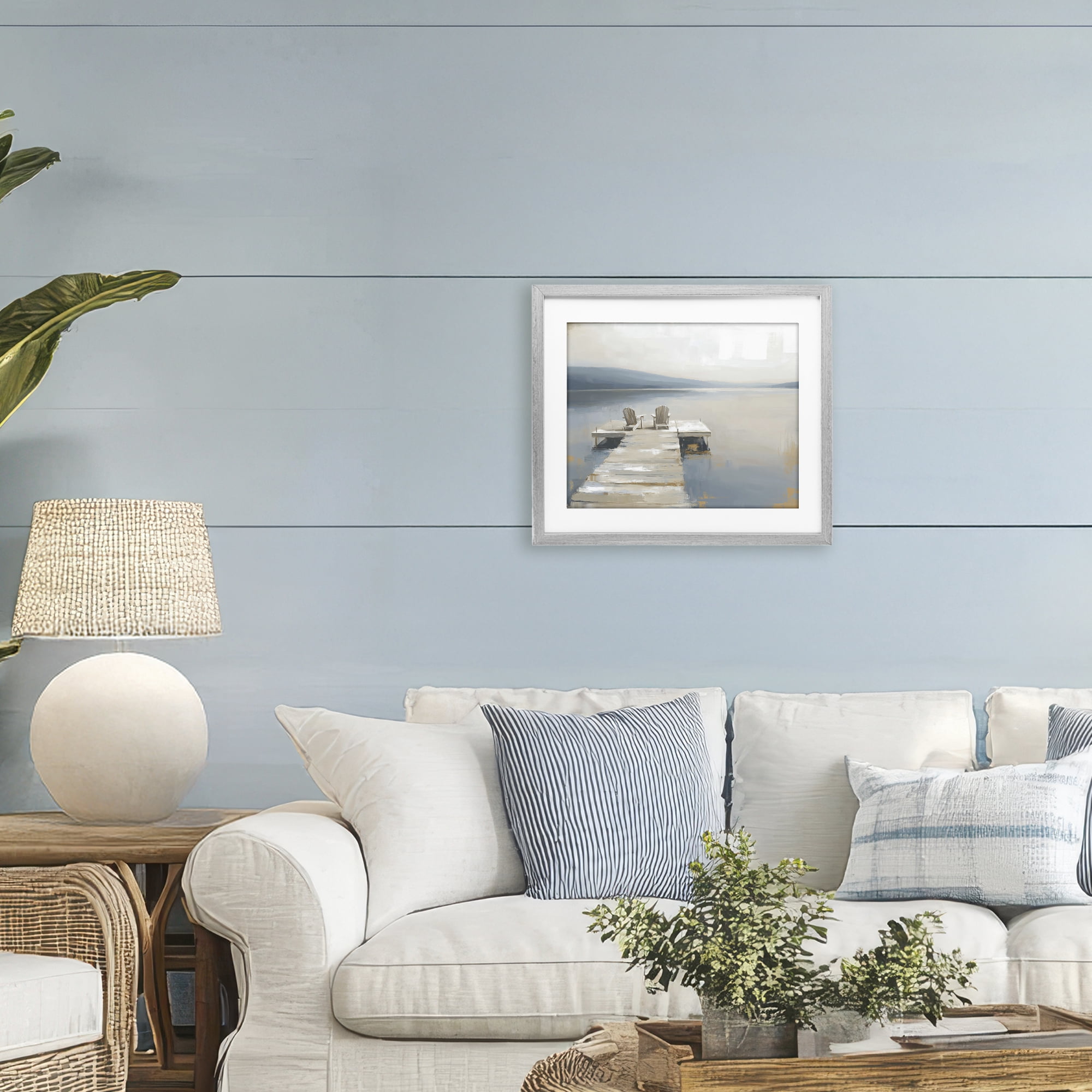 Stupell Industries Adirondack Chairs on Pier Gray Framed Print Under Glass, design by Kim Curinga