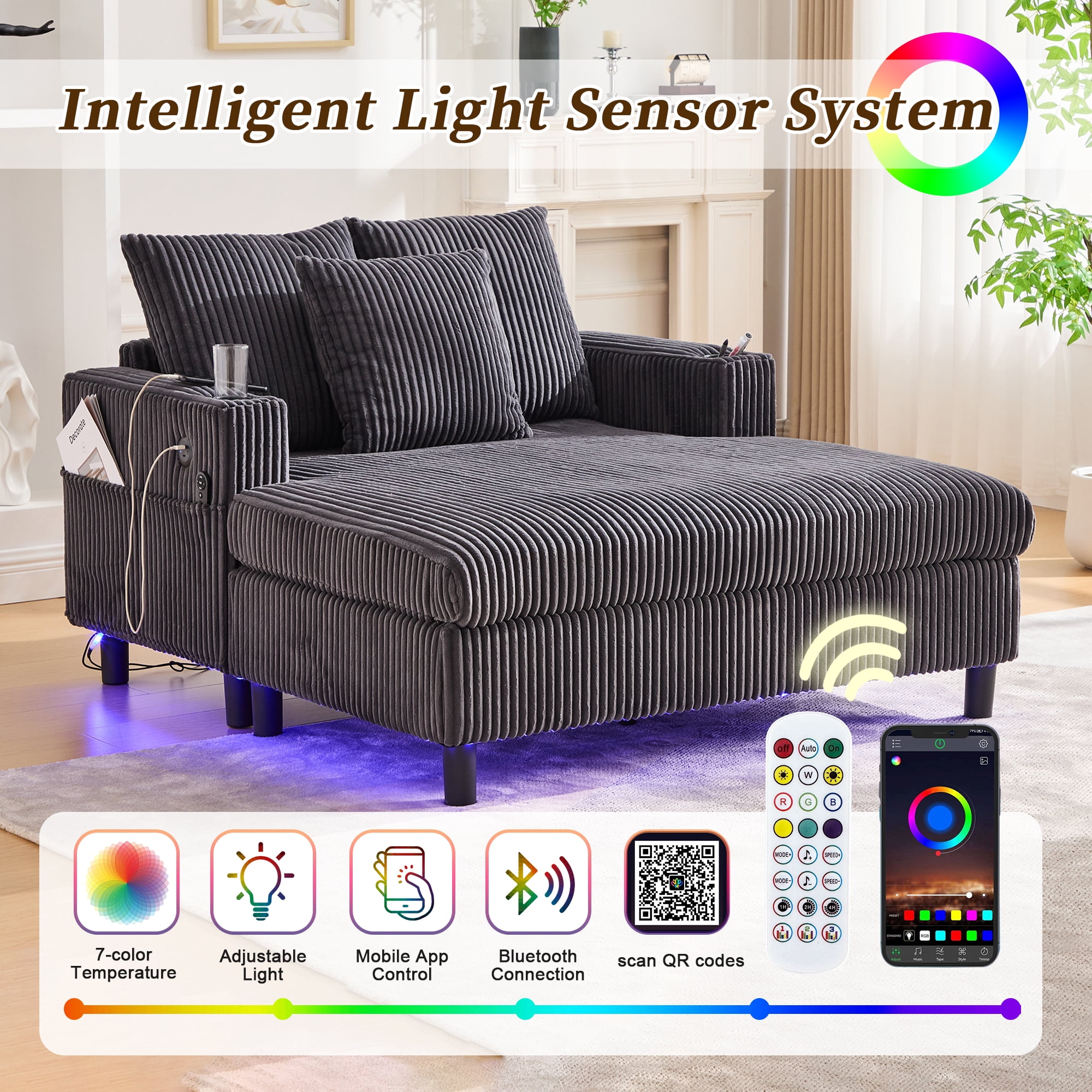 MOONMISS Corduroy Upholstered Oversized RGB LED Light Recliner Sofa Bed with Cup Holder,USB&3 Pillows-Dark Grey
