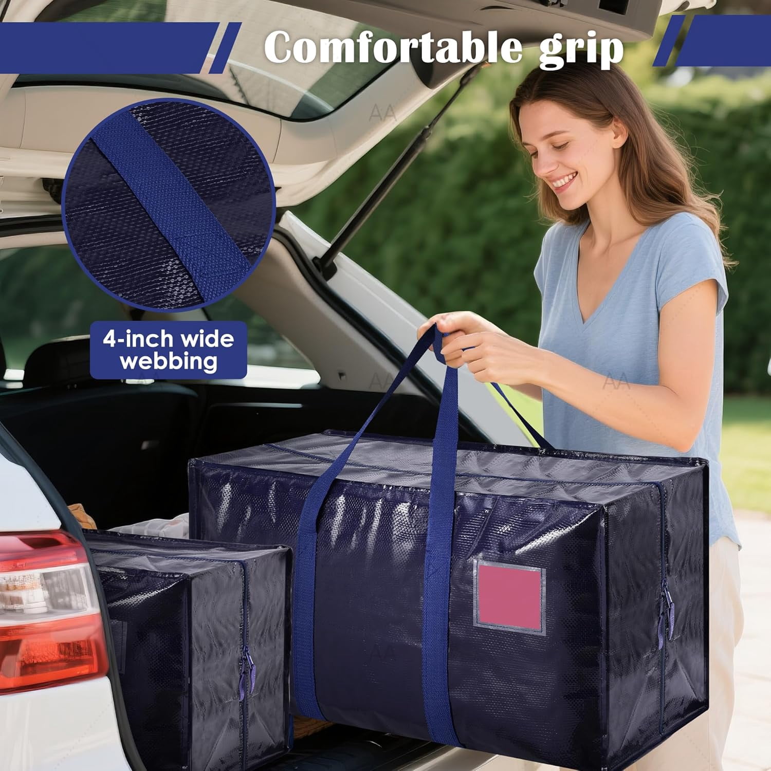 Extra Large Heavy Duty Moving Bags, 12 Pack with Reinforced Zipper & Wide Handles, Moisture-Resistant Storage Bins Packing Cubes for Clothes, College Dorm, Travel, and Home Organization, Dark Blue