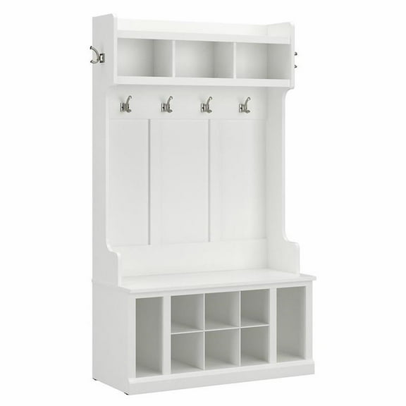Pemberly Row 40W Hall Tree and Shoe Bench w/ Shelves in White Ash - Wood