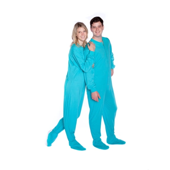 Big Feet PJs Turquoise Jersey Knit Adult Footed Pajamas with Rear Flap, 100% Cotton, Unisex, Non-Skid Soles, Sizes XS-XXL