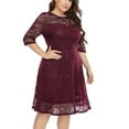 thumbnail image 3 of Eternatastic Lace Floral Half Sleeve Round Neck Cocktail Party Midi Dress Women Plus 5XL Burgundy, 3 of 6