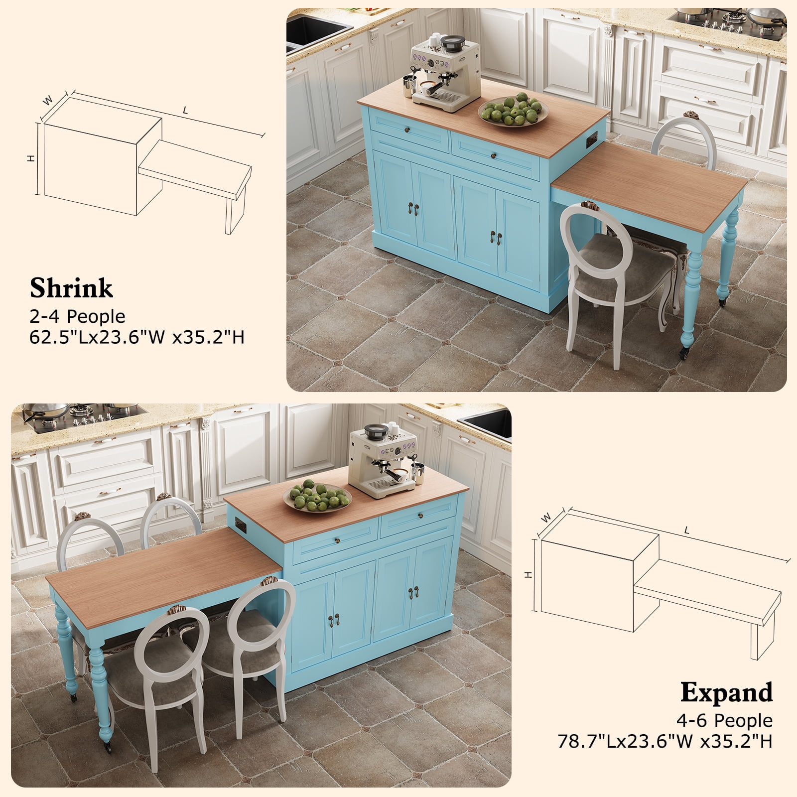 CBJCBJ Modern Extendable Kitchen Islands on Wheels with Power Outlet, Dining Table Cart with 4 Doors Storage, Blue