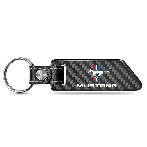 Ford Mustang Tri-Bar Real Carbon Fiber Blade Style Black Leather Strap Key Chain