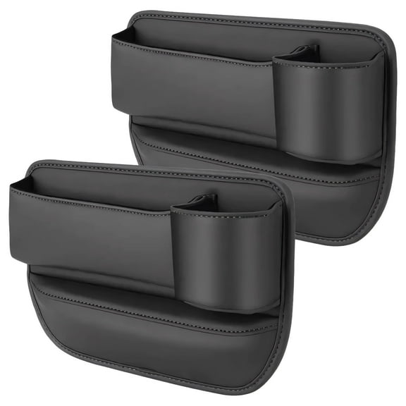 2 Pcs Car Seat Gap Organizer with Cup Holder,PU Leather Car Gap Filler Organizer for Front and Passenger Seat,Increases Storage Space,Dual Layer Design,Black