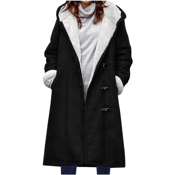 Women's Long Hooded Trench Coat, Plush Lined Suede Jacket, Horn Button Closure, Winter Coat with Pockets, Casual Fall Winter Outerwear Black L