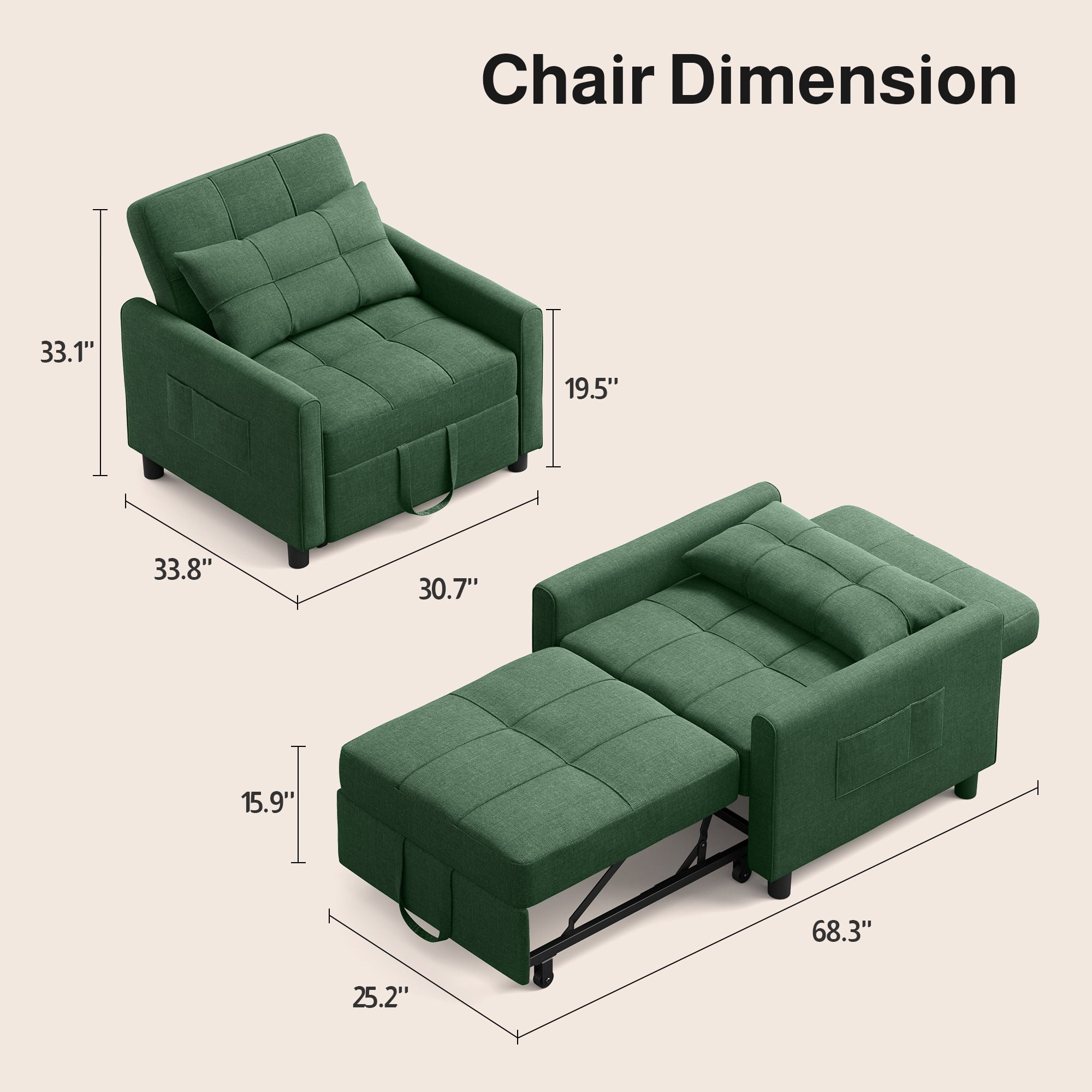 Asofer 3-in-1 Convertible Sleeper Sofa Chair, Adjustable Backrest Futon Couch, Linen Fabric Multi-Functional Recliner Chair Bed, Space Saving Furniture for Living Room Apartment Office,Green