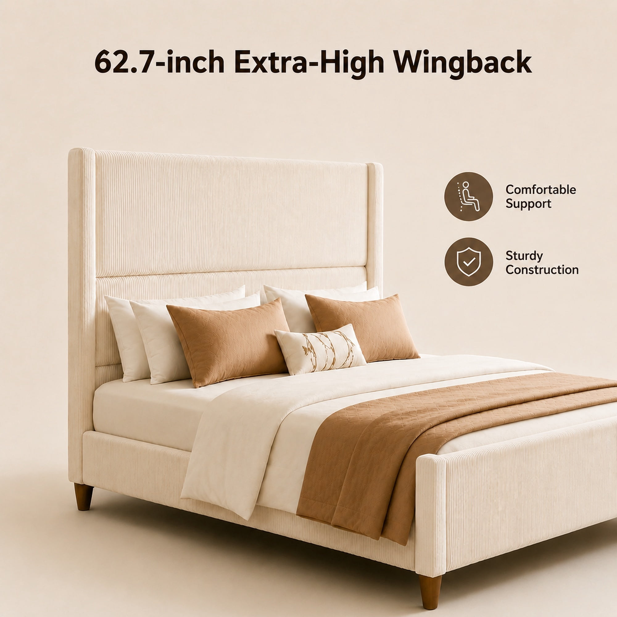 Leumius Queen Size Bed Frame with Padded Headboard, Luxury Thick Base Bed with Extra-high Wingback Vertical Stripes, Sturdy Solid Wood Slats and Legs,Beige