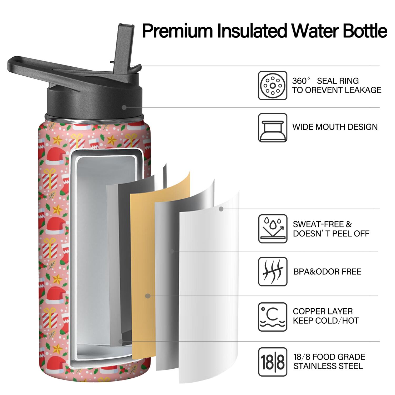 Christmas 18 oz Insulated Stainless Steel Water Bottle with Straw & Cleaning Brush , Leakproof, BPA-Free, 304 Stainless Steel, Wide Mouth, Travel Mug for Car, Gym, Office