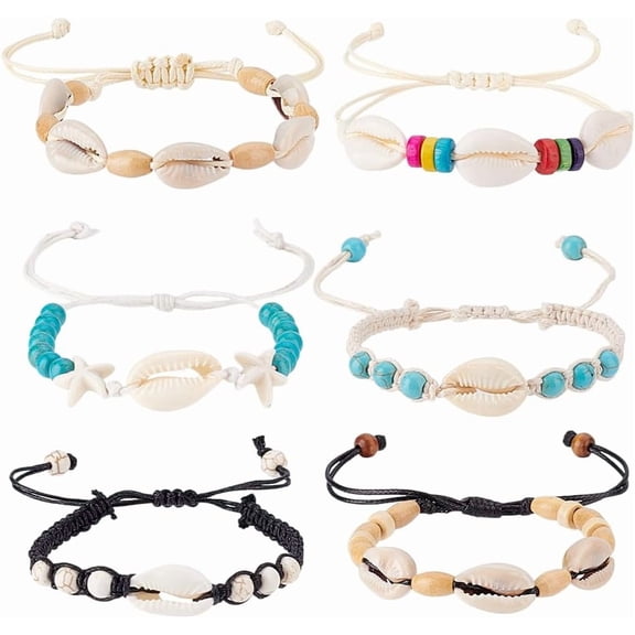 6Pcs Shell Bracelets Anklets Set Natural Turquoise Cowrie Beads Seashells Ankle Jewelry for Women Handmade Boho Adjustable Starfish Foot Chain Ocean Hawaii Beach Parties Shell