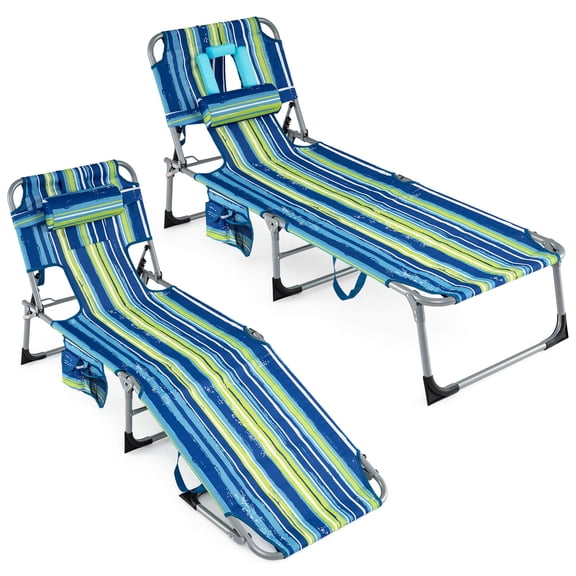 Costway 2 PCS Outdoor Beach Lounge Chair Folding Chaise Lounge with Pillow Blue & Green