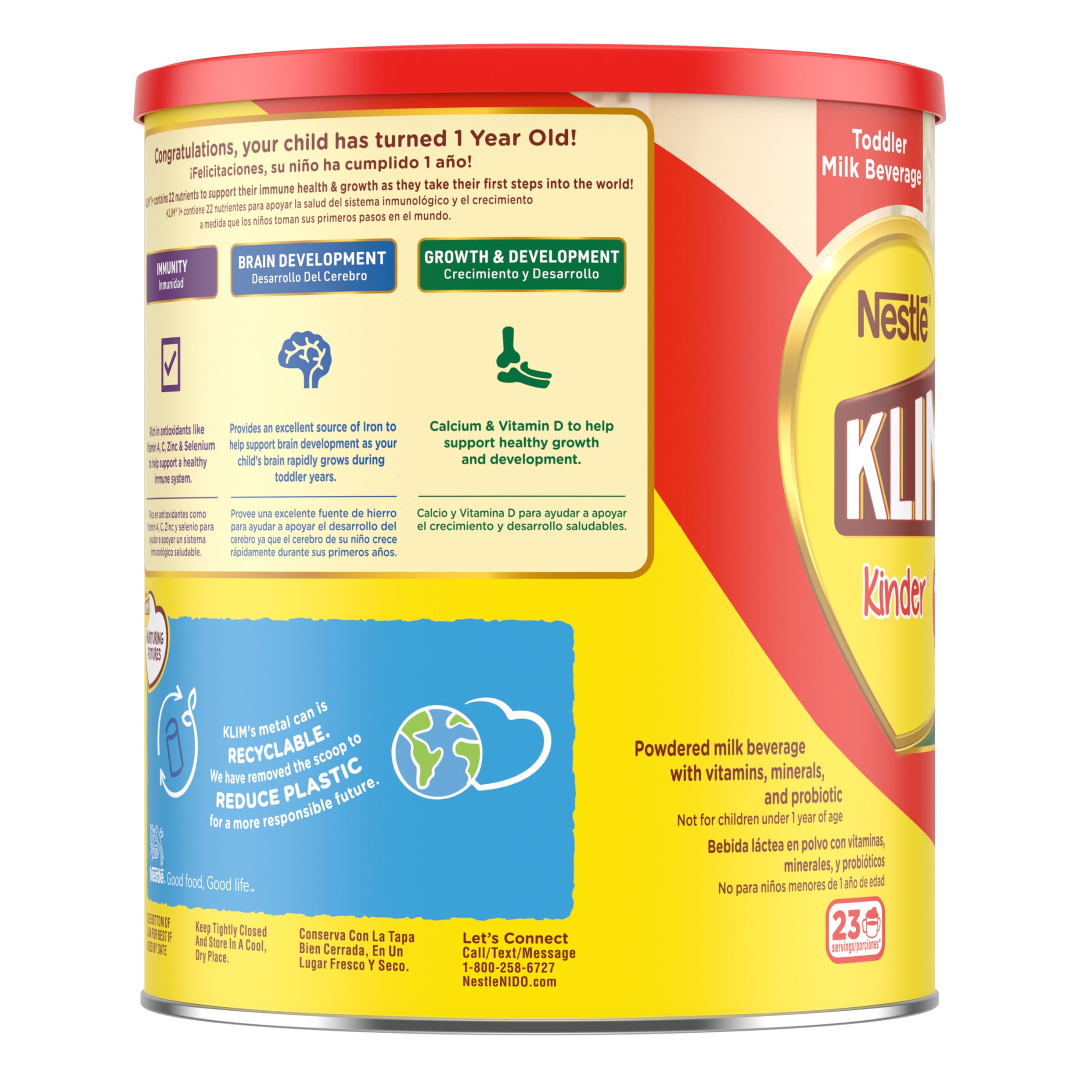 (12 pack) Nestle Klim Kinder 1+ Powder Immunity Probiotic Toddler Milk Beverage Mix with Vitamins A, C, D, Iron & Zinc, 28.2 oz Canister