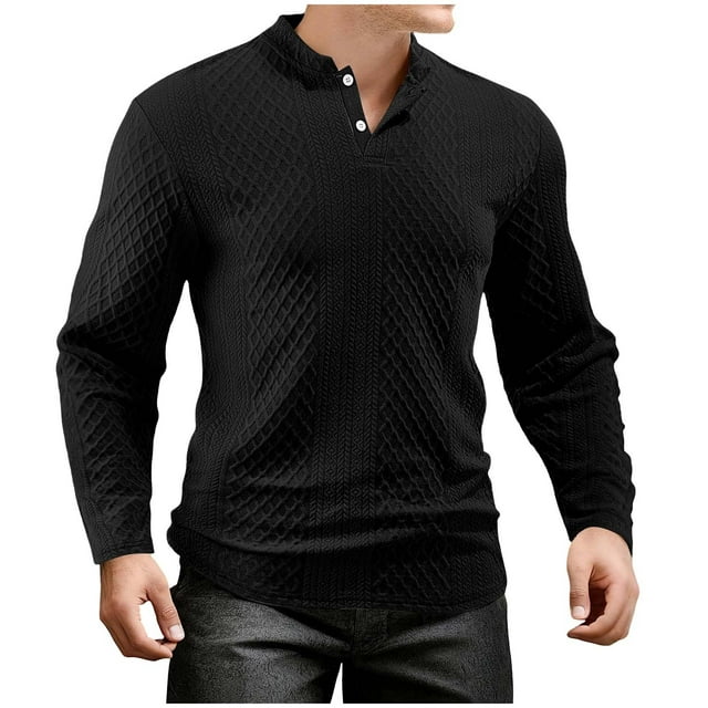 Lovzfmll Men's Solid Color Long Sleeve Crewneck Jacquard Sweatshirt, Pullover Top with Patterned Design for Style Black, XL