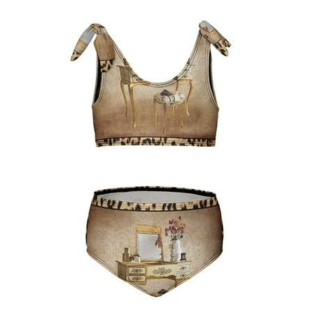 Leopard Animal Texture Brown Girl s 2 Piece Bikini Set Beach Sport Swimsuit Swimwear 11-13Y160cm