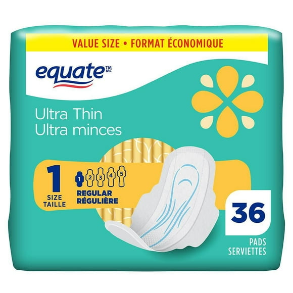 Equate Regular Absorbency Ultra Thin Pads With Flexi-Wings, Size 1, 36 Count, 36 Size 1 Ultra Thin Pads Unscented With Flexi-Wings
