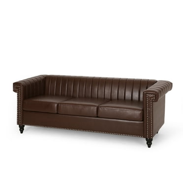 Noble House Sadlier Faux Leather Tufted 3 Seater Sofa, Cognac Brown ...