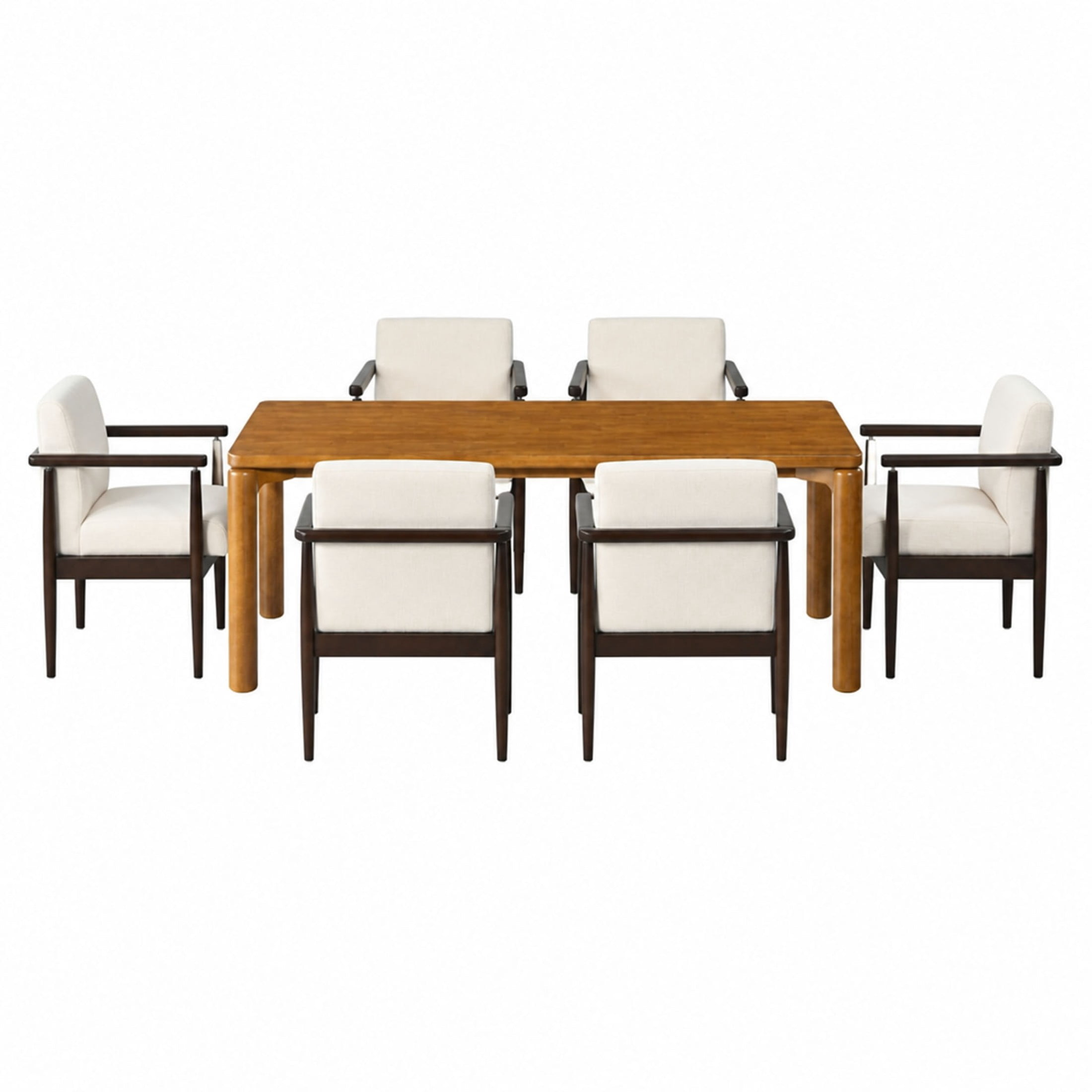 Christopher Knight Home 7-Piece Mid-Century Dining Table with Upholstered Chairs Set, Walnut+Beige