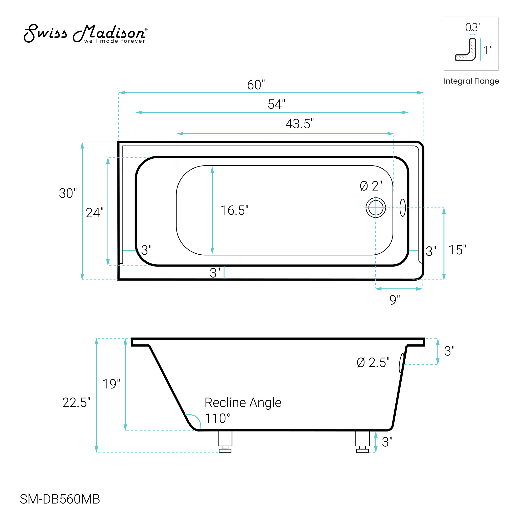 Voltaire 60" x 30" Right-Hand Drain Alcove Bathtub in Matte Black