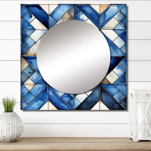 Designart "Elegant Rustic Lattices In Cobalt" 0 Square Mirror For Wall Decor - Large Blue Square Mirror Printed Wall Decor - Modern Square Living Room Mirror