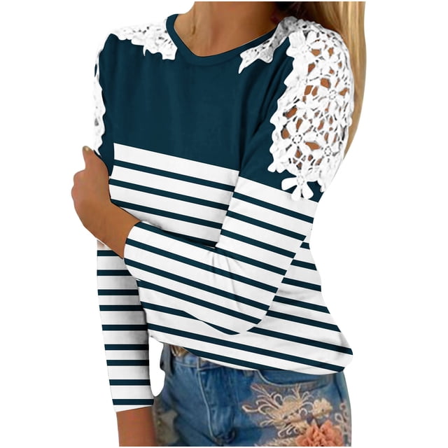 lcziwo Blouses à Manches Longues en Dentelle à Rayures Contrastées pour Femmes 2024 Automne Coupe Ample Tuniques Légères Hauts Tendance Décontractés à Col Rond Bleu Marine
