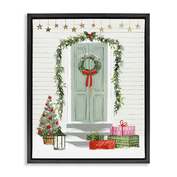 Stupell Industries Farmhouse Christmas Presents Wreath Doorstep Black Floating Frame Canvas Art, 17 x 21, by Victoria Barnes